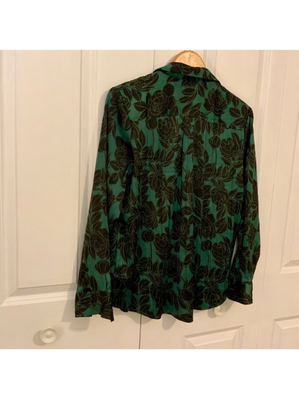 Gap Green Black Floral Satin Pleated Long Sleeve Oversized Boyfriend Shirt Small - Picture 9 of 11